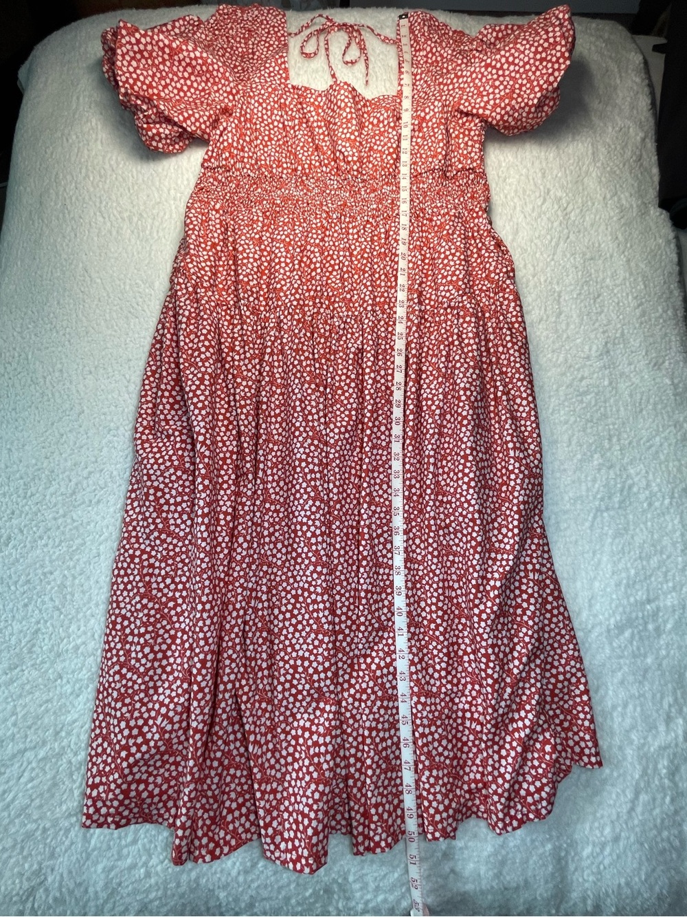 Anthropologie Red Ditsy Midi Dress 1X Plus Sz Floral Smocked Puff Sleeves Pocket - Picture 14 of 15